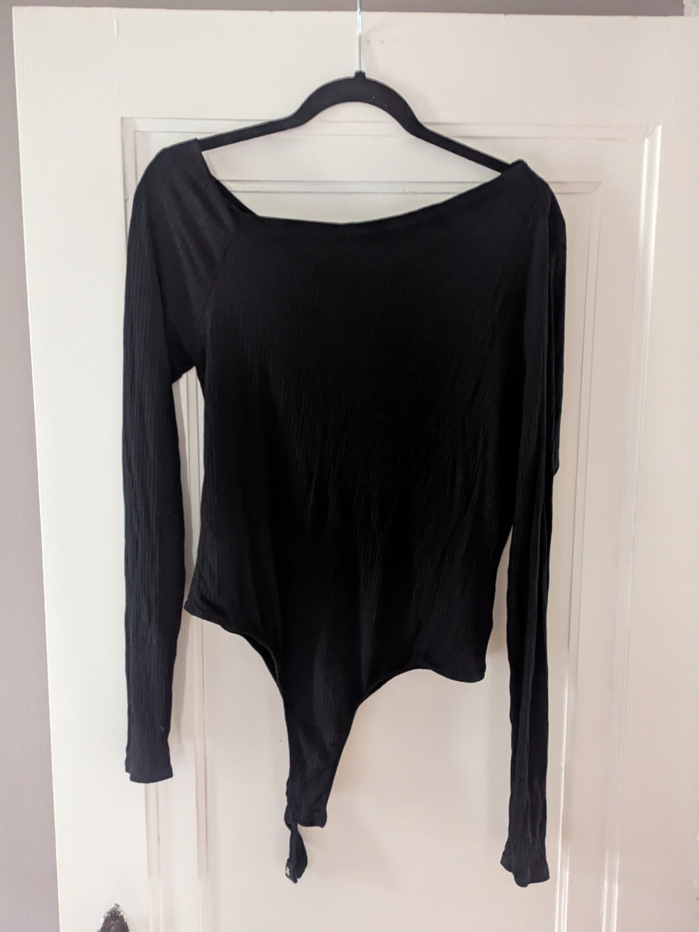 Black Long-Sleeve Asymmetric Bodysuit